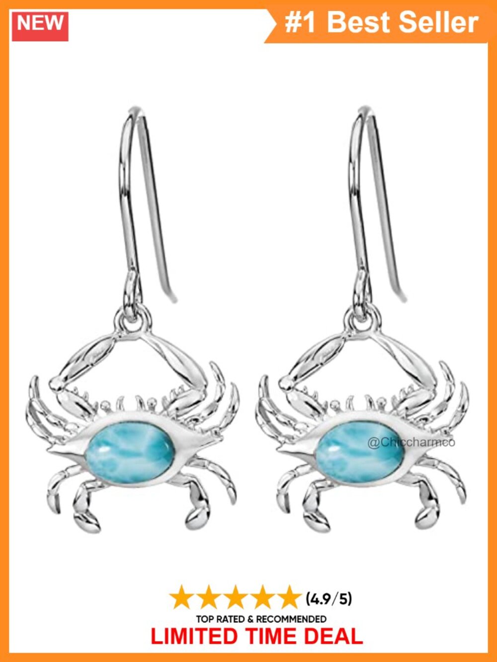 925 Sterling Silver Larimar Crab Dangle Hook Earrings Nickel Free Hypoallergenic